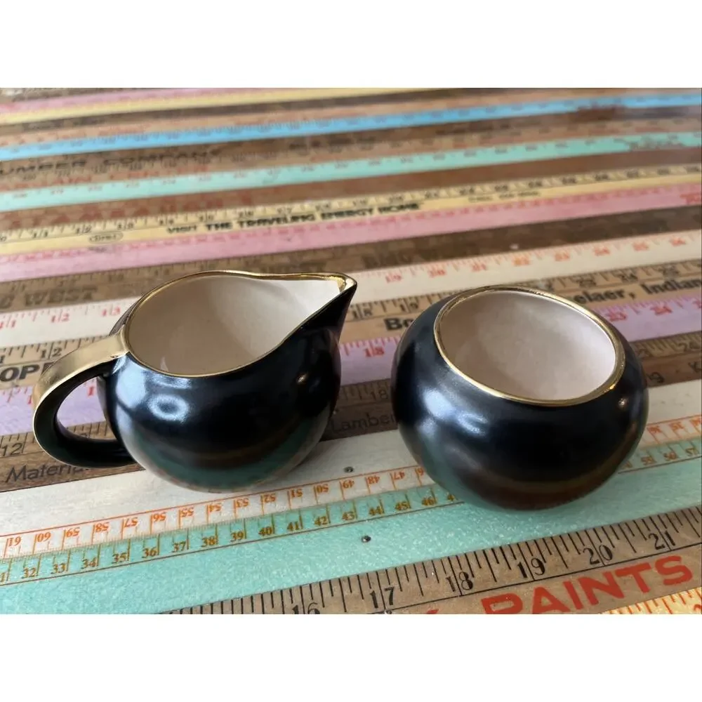Vintage Villeroy Boch MCM Cream and Sugar Set Black with Gold Trim